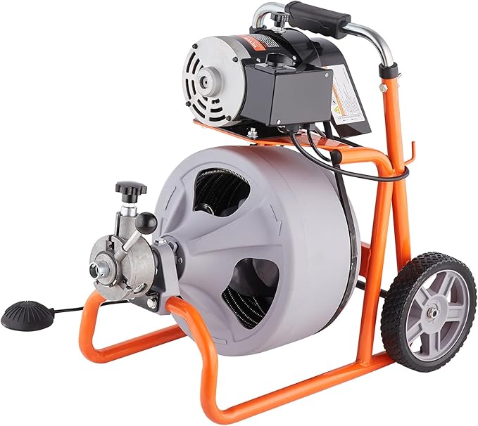 VEVOR Drain Cleaner Machine 100FT x 3/8 Inch, Auto Feed Sewer Snake Drain Auger on Wheels, Portable Drain Cleaning Machine with 8 Cutters & Air-activated Foot Switch for 2" to 4" Pipes