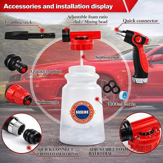 56Pcs Car Wash Cleaning Kit with Foam Gun, Car Wash Brush with Long Handle, Car Detailing Kit, Car Wheel Brush for Car Cleaning Supplies, Adjustable Hose Wash Sprayer-Quick Connector to Any Hose