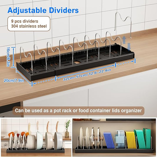 Pots and Pans Organizer Under Cabinet, 22" Expandable Food Storage Container Lid Organizers with 9 Adjustable Dividers Pot and Pan Lid Holders Rack Inside Cabinet/Countertop(1 Pack, Black)