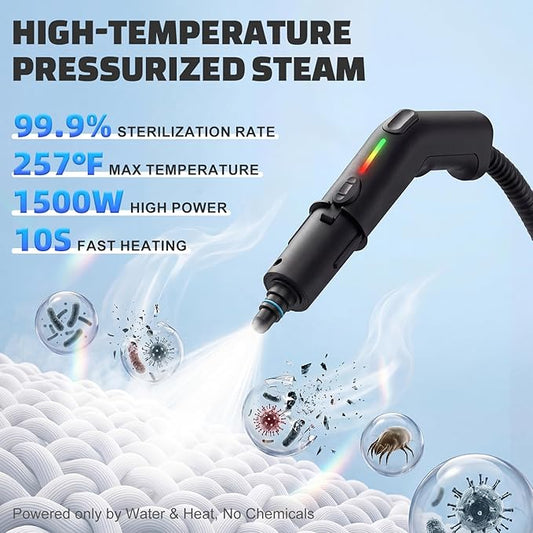 Handheld Steam Cleaner with On-Handle Control & Digital Display | 3 Level Pro Steam for Grease, Tile, Carpet | 45oz Tank, 10 Attachments for Home, Car, Kitchen Deep Cleaning (White)