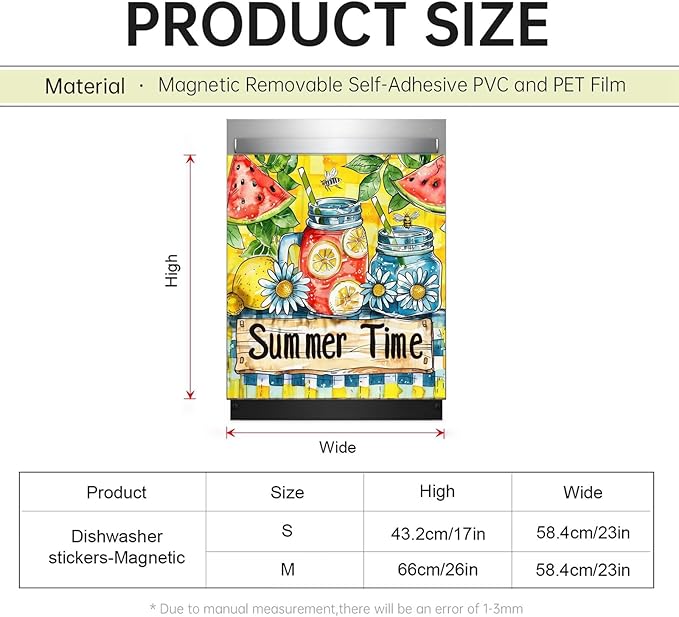 Summer Time Kitchen Decor Dishwasher Magnet Cover, Watermelon Lemonade Magnet Refrigerator Cover Panel Decal, Daisy Home Cabinet Sticker Bee Fridge Magnet Sticker 23" W x 26" H Magnetic