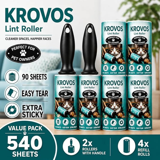 KROVOS Pet Hair Lint Roller Extra Sticky, 540 Sheets, Value Pack of 6 Rollers with 2 Handles, Easy Tear Sheets Lint Remover for Clothes, Furniture, Carpet, Dog Hair & Cat Hair - Image 2