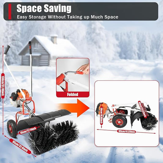2.5HP 52CC Gas Power Handheld Sweeper, Driveway Turf Snow Broom Brush Cleaner Artificial Grass Walk Behind Electric Lawn Power Outdoor Road Street High Performance Cleaner