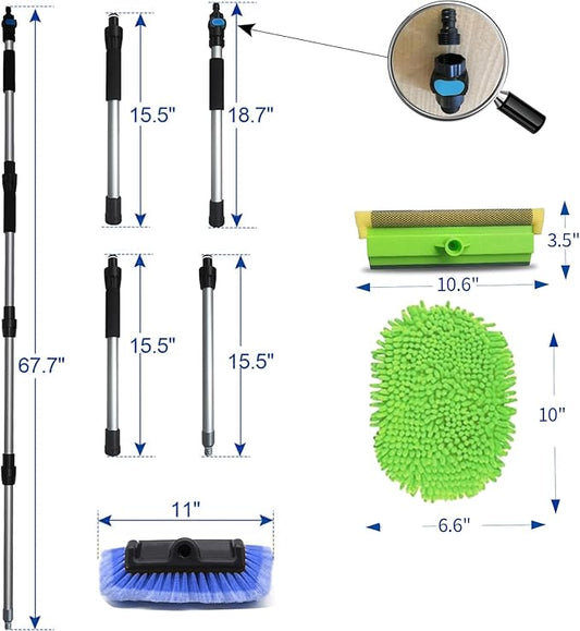 Ultimate RV/Truck Wash Brush Kit – 68" Adjustable Aluminum Pole with Flow-Thru Hose Attachment, Soft Bristles w. Replaceable Chenille Mop Squeegee, Reinforced Connectors – Safe for Car/Truck/RV/SUV