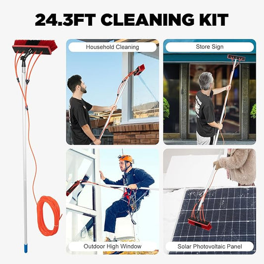 24.3FT Adjustable Solar Panel Cleaner Window Washing Kit with Extension Pole Water Fed Brush Water Fed Pole for Window Cleaning Kit Roof Cleaning Tool