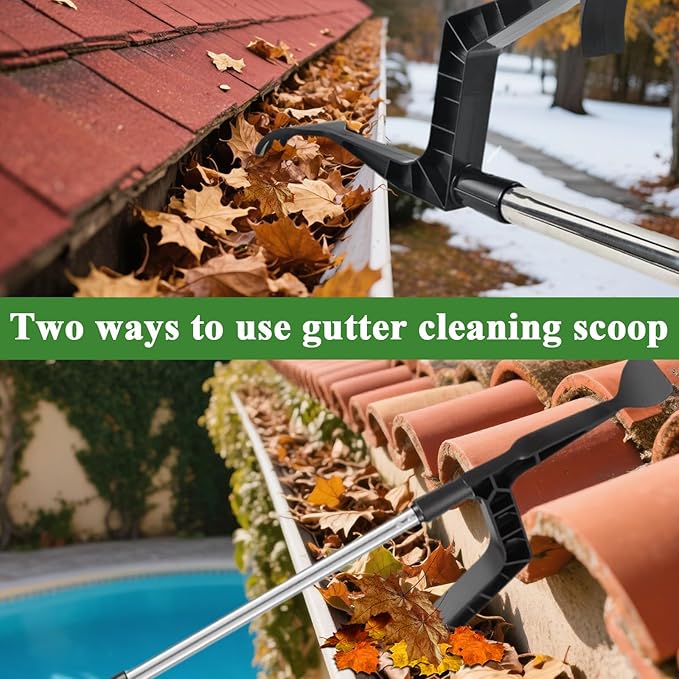 2 in 1 Gutter Cleaning Tools 12.8FT Adjustable Gutter Cleaning Tools from The Ground Gutter Cleaner Scoop Multi-Functional Gutter Cleaner Brush Easily Clear Roof Leaves Debris Roof Gutters