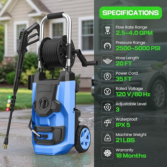 commownerππ¨π°ππ« πππ¬π‘ππ« πππππππ Portable with 20FT Pipe, 4 Nozzle Set for Home/Cars/Fences/Windows, Blue