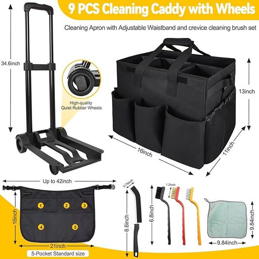 Cleaning Tools Cleaning Caddy with Wheels and Cleaning Apron, Large Rolling Cleaning Caddy Bag with Detachable Trolley, 6PCS Crevice Cleaning Brush Set, Adjustable Shoulder Strap & Multiple Pockets