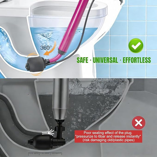 Manual Drain Unclogger with Adaptive Inflatable Plug, Fits NPS1.5~4.5" Pipes for Toilet/Sink/Bathtub, No Extra Accessories, Hand Pump Pressure & Washable, Lightweight Toilet Plunger & Drain Auger Tool