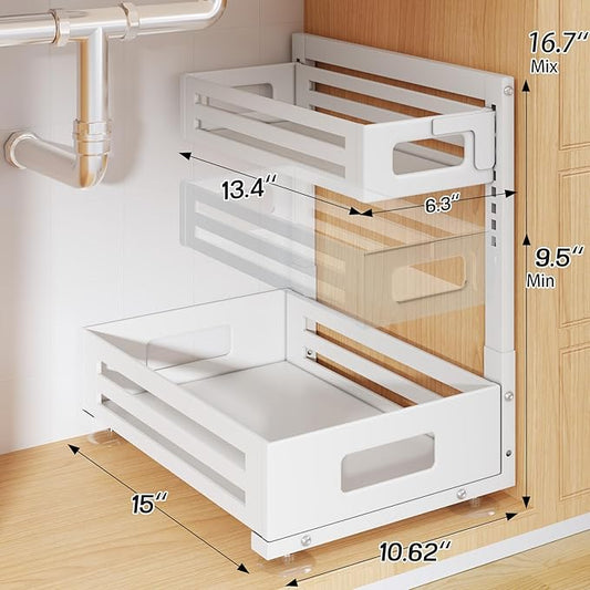 1 Pack Under Sink Organizer,Pull Out Cabinet Organizer with Smooth Cylindrical Rail,Metal Slide Out Drawer for Kitchen Bathroom Laundry Cabinet,8-Level Tool Free Height Adjustable-White