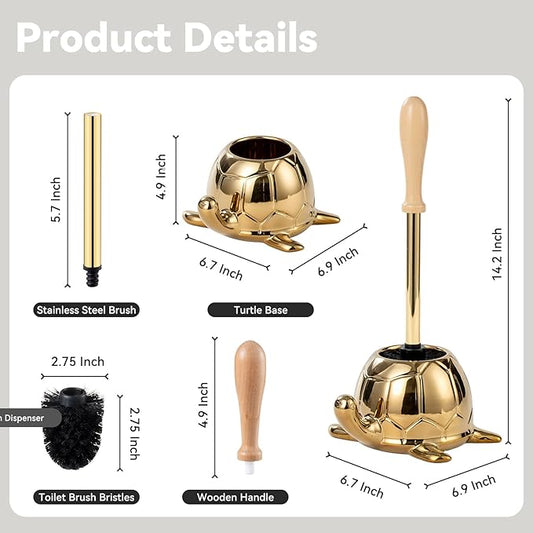 Turtle Base Toilet Brush Set - Gold Ceramic Toilet Scrubber Brush 7.5” Bowl Cleaner with Ergonomic Handle, Mini Cute Bathroom Cleaning Brush - Bathroom Decor