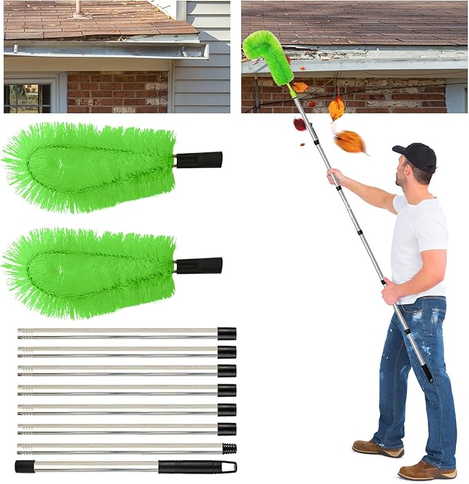 Gutter Cleaning Tools from The Ground, 10 FT Gutter Cleaner Tools for Removing Leaves and Debris, Rain Gutter Cleaning Tool with 8 Steel Tubes and 2 Brush Heads (Green)
