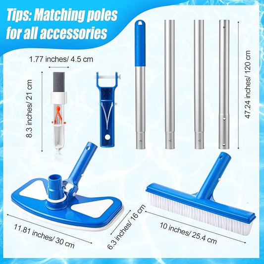 5 Pcs Swimming Pool Cleaning Kit 17.5'' Brush Head with 47'' Telescopic Aluminum Pole and Leaf Skimmer Net Vacuum Head Pumice Stone with Handle for Above Ground Pool Spa Hot Tub Maintenance