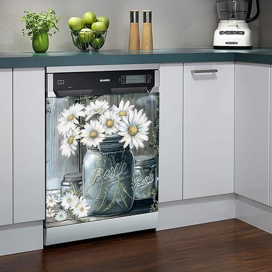 Country Daisies Dishwasher Magnet Cover for The Front, Still Life White Flowers Reusable Magnetic Dishwasher Sticker, Vintage Vase Floral Kitchen Appliances Panel Decal (23" x 26" Magnetic)