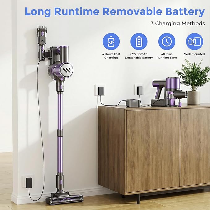 Vacuum Cleaners for Home,Cordless Vacuum Cleaner,Lightweight Stick Vacuum Cordless Rechargeable,Self-Standing Design,LED Touch Screen,Vacuum for Hardwood Floors,Carpet,Pet Hair(Mulberry Purple)
