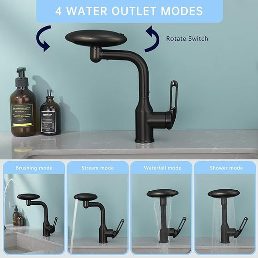 Bathroom Sink Faucet 1 Hole, Matte Black Multifunctional Basin Faucet with 4 Water Outlet Modes, Modern 360°Rotatable Bar Tap with Two Water Supply Pipes