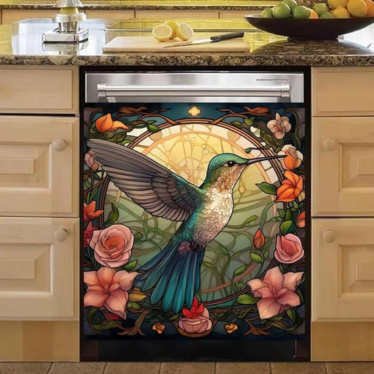 Hummingbird Kitchen Dishwasher Magnetic Panel Decal, Spring Flowers Refrigerator Magnet Cover, 23" x 26" (Magnetic)