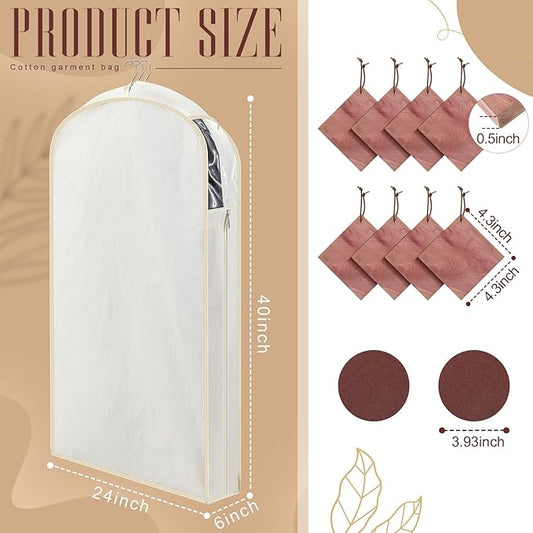 2 Sets 40 Inch Linen Fabric Bags for Hanging Clothes and Storage with Cedar Blocks for Fresh Smell and Moth Protection Sandpaper for Suit Fur Coat Jacket Sweater