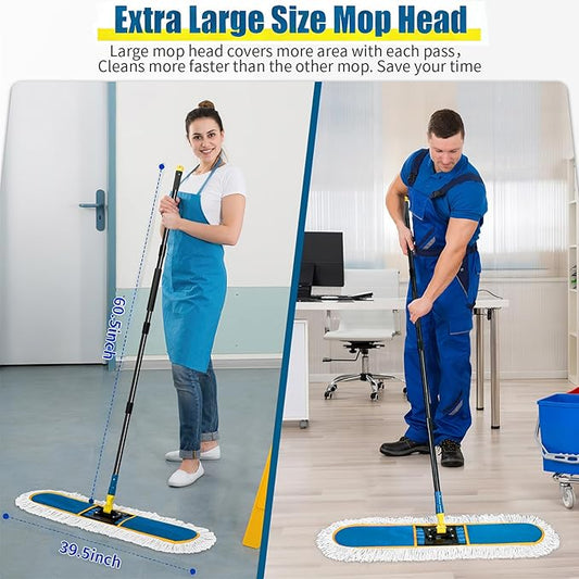 36" Commercial Dust Mop for Floor Cleaning with 2 Cotton Mop Pads, Heavy Duty Industrial Large Floor Duster,Wet Dry Mops for Hardwood Floors,Concrete,Marble, Laminate,Tile,Garage,Blue