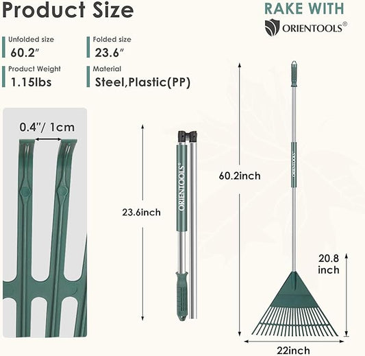 Garden Rake, 22" Leaf rakes with Foldable Lightweight Steel Handle, 22 Tines Plastic Yard, Folding Shrub Rake for Lawns, Grass, Flower Beds Leaves Cleaning