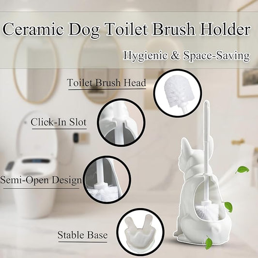 2026 Ceramic Dog Toilet Brush Holder Set, French Bulldog Design with 2PCS Durable Plastic Brush, Modern Bathroom Accessories (White)