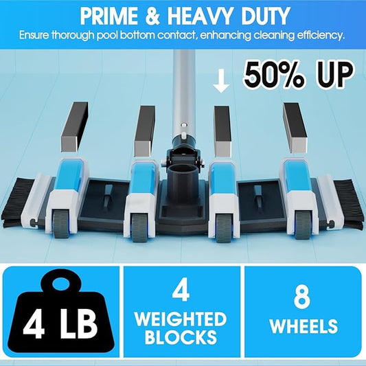 Enhanced Pool Vacuum Head with Direction-Control Handle - Extra-Wide 4LB Professional Weighted Vac Heads Brush & Wheels for Vinyl Liner-Deep Cleaning for Inground & Above Ground Swimming Pool - Blue