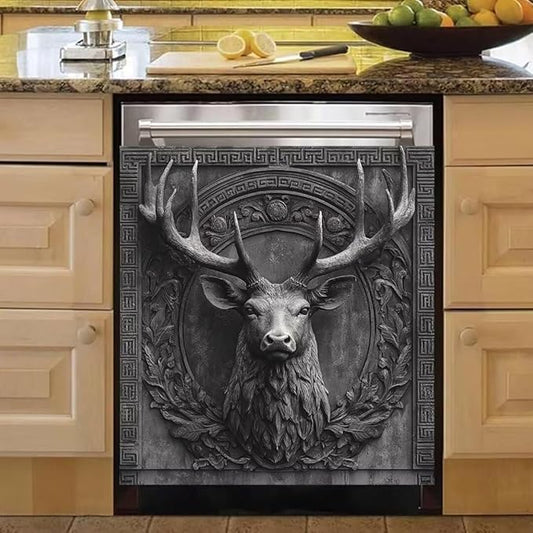 3D Deer Head Dishwasher Full Door Sticker, Gray Stone Flower Carving Refrigerator Cover for Home Appliance, Animal Deer Vinyl Decal for Dishwasher (23" x 26" Ordinary)