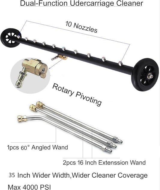 Upgrade 2-in-1 35" Dual-Function Undercarriage Pressure Washer Cleaner, Surface Cleaner for Power Pressure Washer Attachment, Underbody Car Wash Water Broom with 3 Pieces Extension Wand, 4000 PSI