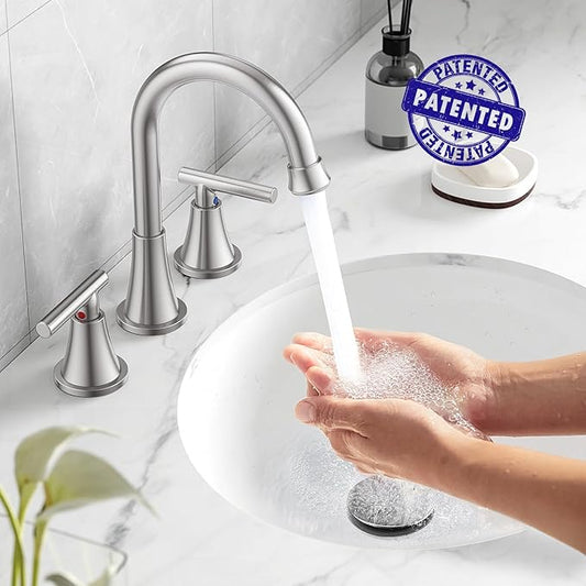 Bathroom Faucets for Sink 3 Hole, Hurran Brushed Nickel Bathroom Sink Faucet with Pop-up Drain and Supply Lines, Stainless Steel Lead-Free Widespread Faucet for Vanity RV, 2 Pack