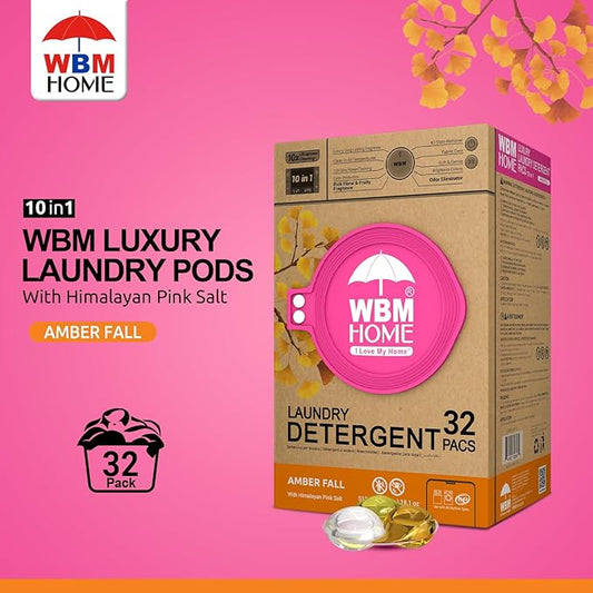 WBM Laundry Detergent Pods, 32 Count | Amber Fall Fragrance | 10 in 1 Laundry pods Detergent Ultra Power Cleaning with Plant-Based Scent, Extra Protection With 4D Stain Remover