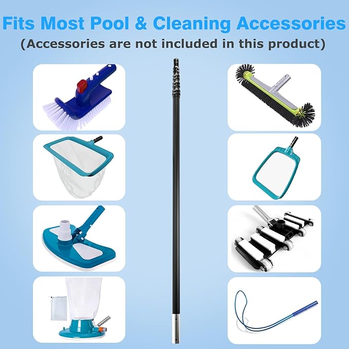 Pool Pole Carbon Fiber, Premium15FT Pool Pole telescopic 4.6 to 15 FT, Adjustable 4 Piece Extendable Pool Cleaning Pole, Professional Pool Pole fit for Brushes, Vacuum, Nets, Skimmers, Rakes