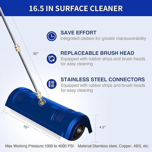 GALAXYER Pressure Washer Surface Cleaner, Metal Floor Washer Accessories for Driveways Sidewalks Patios with 2 Extension Pole Attachments, 1/4-inch Quick Coupler