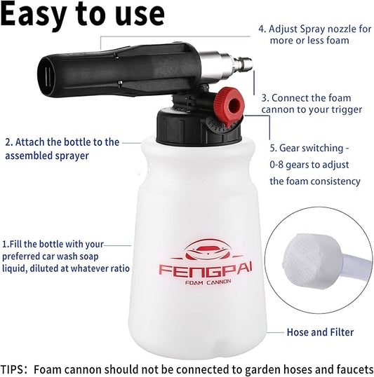 FENG PAI Foam Cannon for Pressure Washer, Car Wash Snow Foam Cannon Lance Pressure Washer Soap Dispenser with Adjustable Thick Foam, 1/4 Quick Connector, 1L
