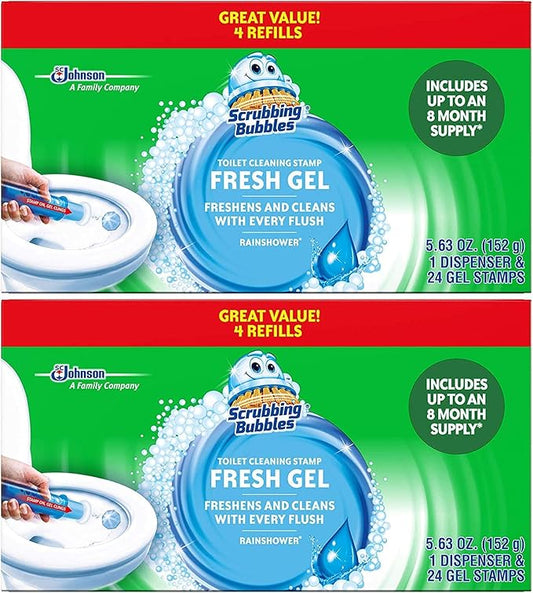 Scrubbing Bubbles Fresh Gel Toilet Cleaning Stamp, Rainshower, Dispenser with 4 Refills - Pack of 2