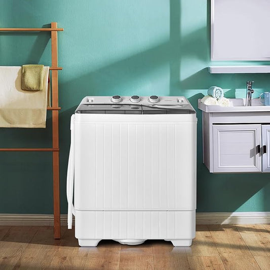 COSTWAY Portable Washing Machine, 2-in-1 Twin Tub 26lbs Capacity Laundry Washer(18lbs) and Spinner(8lbs) with Control Knobs, Timer Function, Drain Pump, Perfect for Home Apartment RV, Grey