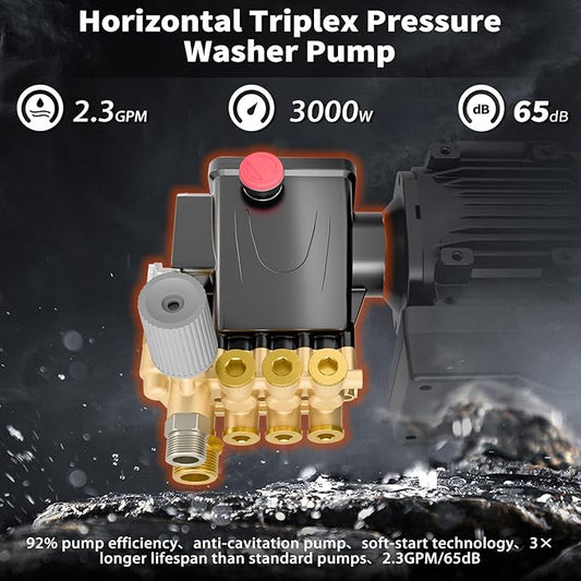 2025 Upgraded 100bar 2.3GPM Commercial Electric Pressure WasherβPM Inverter 3HP Motor,Horizontal Triplex Pump,Power Washer with 65dB Quiet,with 7 Nozzles (0Β°/15Β°/25Β°/40Β°/Soap/Turbo) for Cars/Driveway