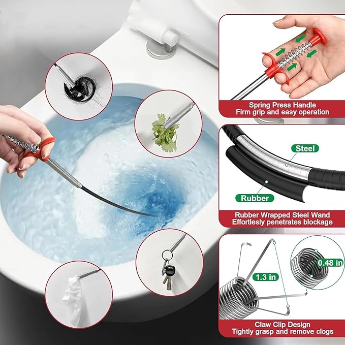 Drain Auger 33ft Drain Clog Remover with Drill Adapter, Flexible Plumbing Snake for Kitchen, Bathroom & Shower Sinks, Hair Clog Remover, Manual or Drill Powered, Full Set Included