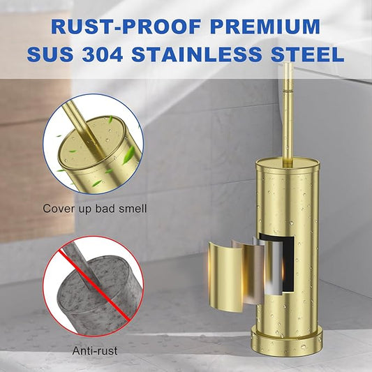 304 Stainless Steel Toilet Brush and Holder Set, Toilet Bowl Brush and Holder, Heavy Duty with Long Handle, Removable Inner Bowl and Splash Protection for Bathroom