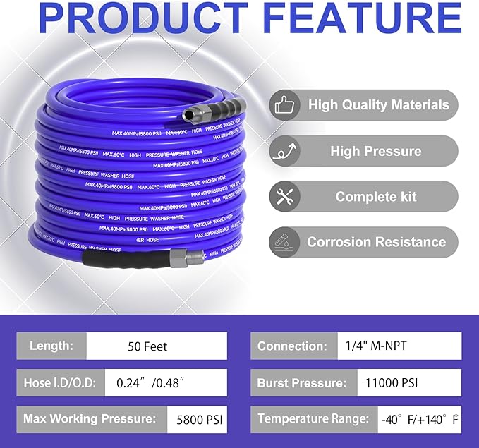 50FT Sewer Jetter Kit for Pressure Washer 1/4"NPT Drain Cleaner Hose 5800PSI Corner Rotating and Button Hose Sewer Jetting Nozzle Pearl Corsage Pin Tape Handle Strap Spanner