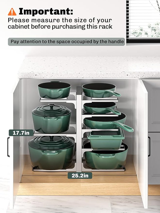 MUDEELA 8-Tier Pots and Pans Organizer under Cabinet, 15.83" Height Heavy Duty Pot Pan Organizer Kitchen Cabinet Organization and Storage, Adjustable Pot Rack for Frying Pan, Cast Iron Skillet, Sliver