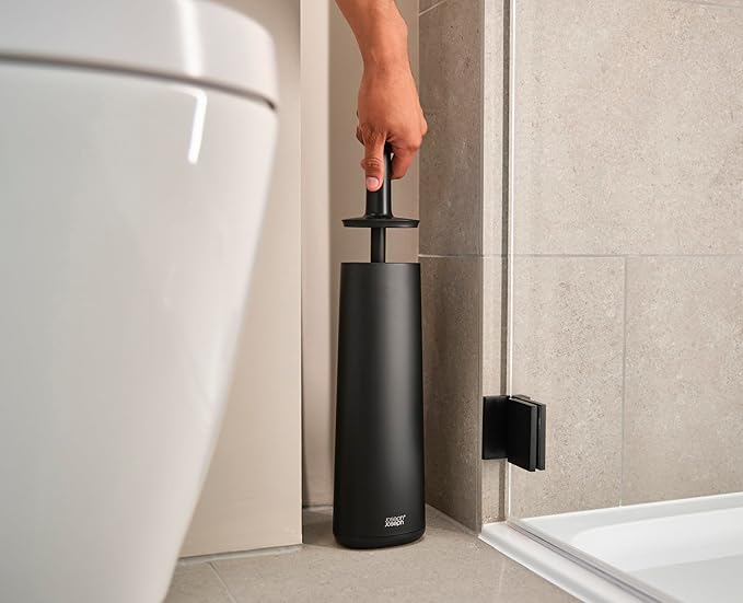 Joseph Joseph Flex 360, Advanced Smart Toilet Brush and Storage Holder Set with Anti-drip, Anti-Clog, Triple-Action Replaceable Brush Head, Matt Black
