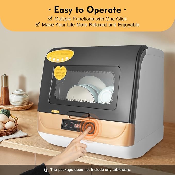 Portable Countertop Dishwasher 1200W Compact Dishwashers, Quick Wash Dish Wash Machine Large Capacity Countertop Dishwasher with 3 Washing Programs, Dish Washing for Apartments RV (white-black-brown)