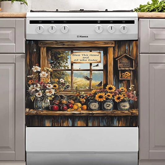 Windowsill Birds and Flowers Dishwasher Magnet Cover, Springtime Reuseable Refrigerator Magnet Cover Retro Wooden Windows Magnetic Dishwasher Decal (23 x 17 Inches)