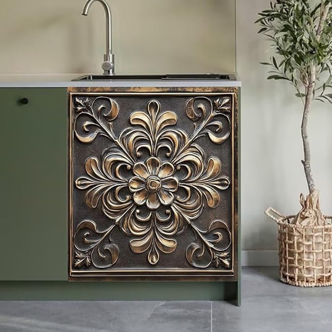 Kitchen Decor Dishwasher Magnet Cover Decal, Bronze and Gold Floral Medallion Magnetic Dish Washer Panel Door Vinyl Sticker, Refrigerator Magnets,Easy to Clean, 23 x 26 inch