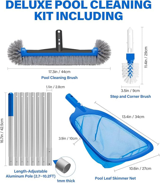 4-in-1 Deluxe Pool Cleaning kit, Pool Cleaning Tools with 10Ft Adjustable Pole, 13.4'' Fine Mesh Skimmer Net, 17.3'' Swimming Pool Brush & Extra Brush Head for Cleaning Inground & Above Ground Pools