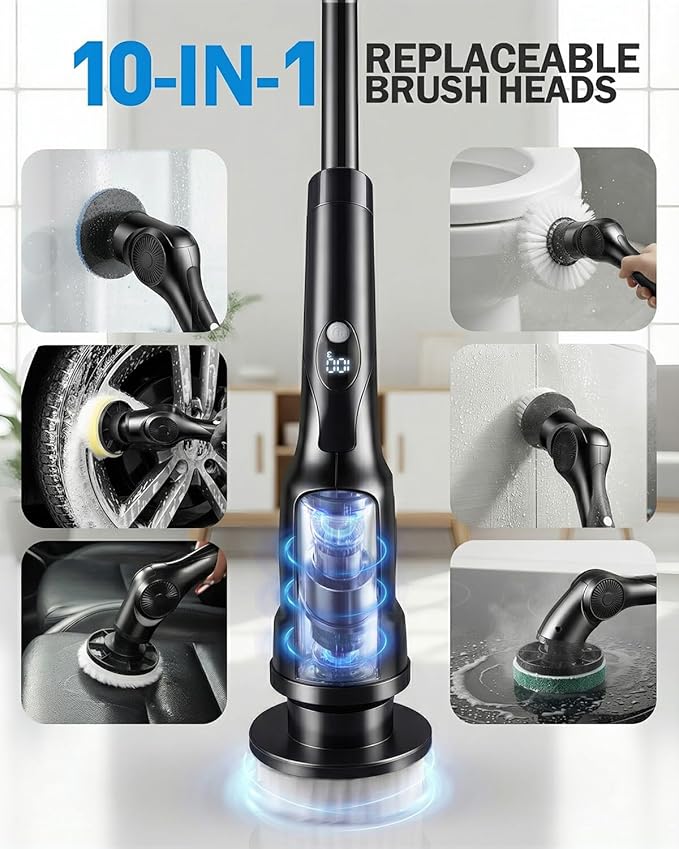 Electric Spin Scrubber, 3-Speed Cordless Shower Scrubber with Long Handle & 10 Replaceable Brush Heads, 90 Mins Runtime & Full-Body IPX7 Waterproof Shower Cleaner Brush for Bathroom Kithchen