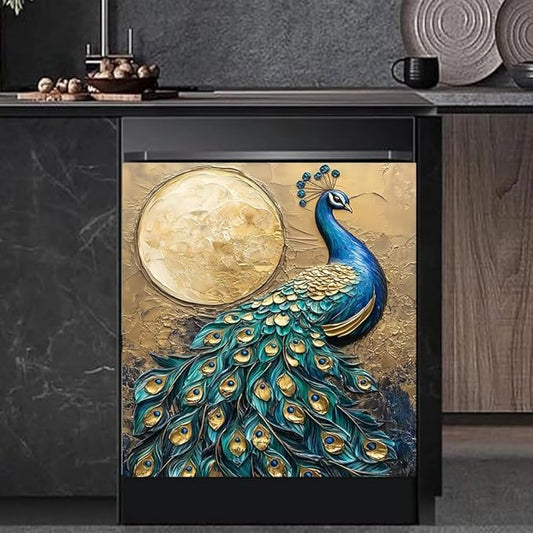 Peacock Kitchen Decor Dishwasher Magnet Cover Decal, Moon Magnetic Dish Washer Panel Door Vinyl Sticker, Refrigerator Magnets,Easy to Clean, 23 x 26 inch