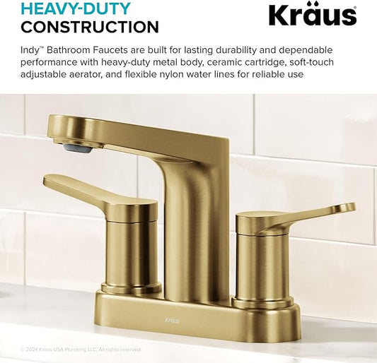 KRAUS Indy Centerset Bathroom Faucet in Spot-Free Brushed Brass with 2 Handles, Pop Up Drain and Supply Lines, FUS-14102SFBB
