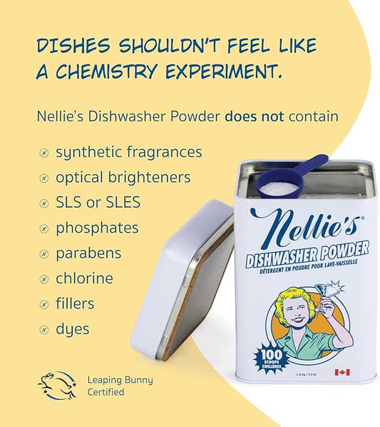Nellie's Dishwasher Powder - Tough on Food Residue, Plant-Based Ingredients, Spotless Clean, High-Efficiency Dishwashing Solution - 100 Scoop Tin - (Made in Canada)