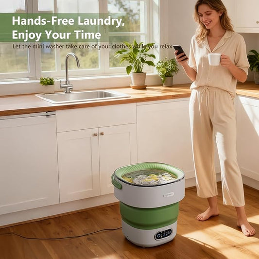 Mini Laundry Machine 16L — Foldable Portable Laundry Machine and Spinner for Baby Clothes, Underwear, Socks; Ideal for Travel, Dorms, Camping - Green